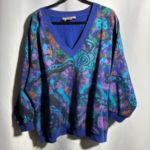 VTG Bacio Blue Abstract Floral‎ V Neck Sweatshirt Womens L Blue 80s 90s Funky